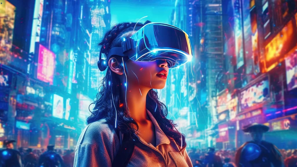 girl with VR headset on in the middle of a virtual city